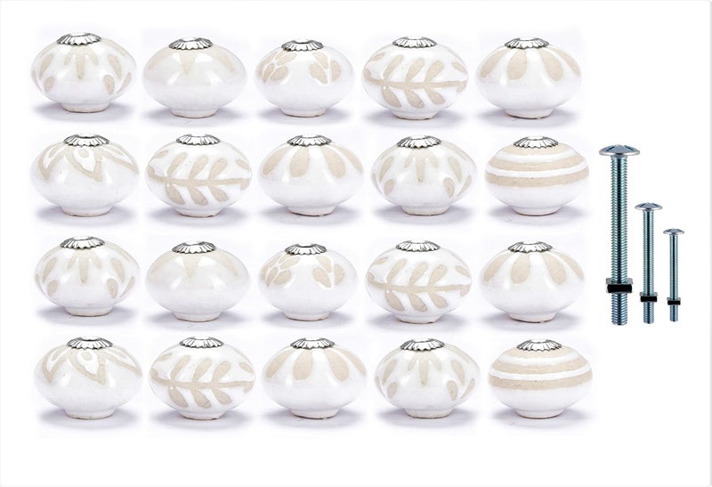 NAQSH Ceramic Cabinet Knobs Kitchen Drawer Knob Handpainted Cupboard Door & Drawers Pulls (White & Beige, 20) - Image 1
